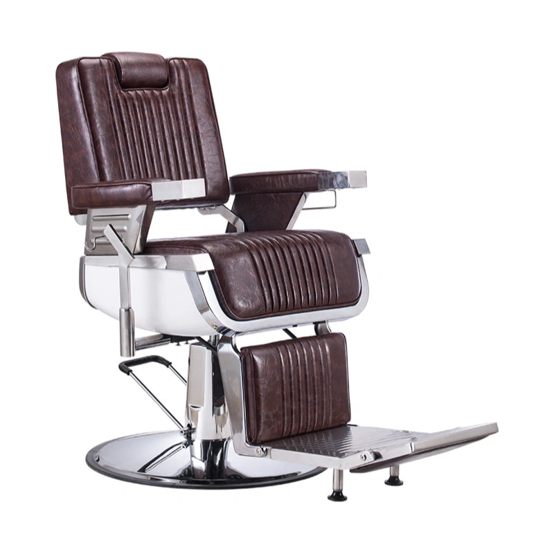 Barber chair with brown leather seats and chrome frame on a white background