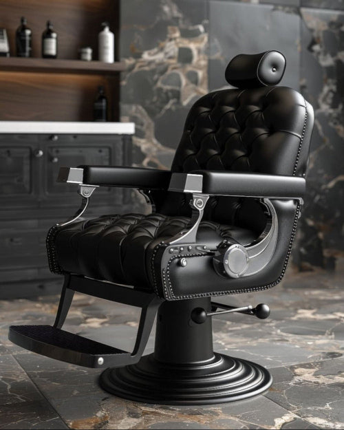 Black barber chair in a barbershop setting with shelves in the background.