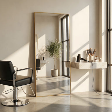 Bargain For You Contemporary Classic Thin Salon Mirror Brass Leaning Front Side View