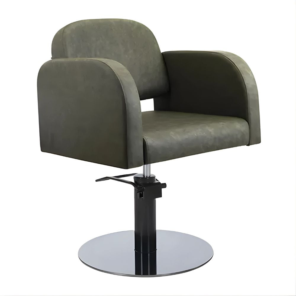 DSSE Amalfi Salon Chair Olive Mist Round Black Gloss Base Front Side View