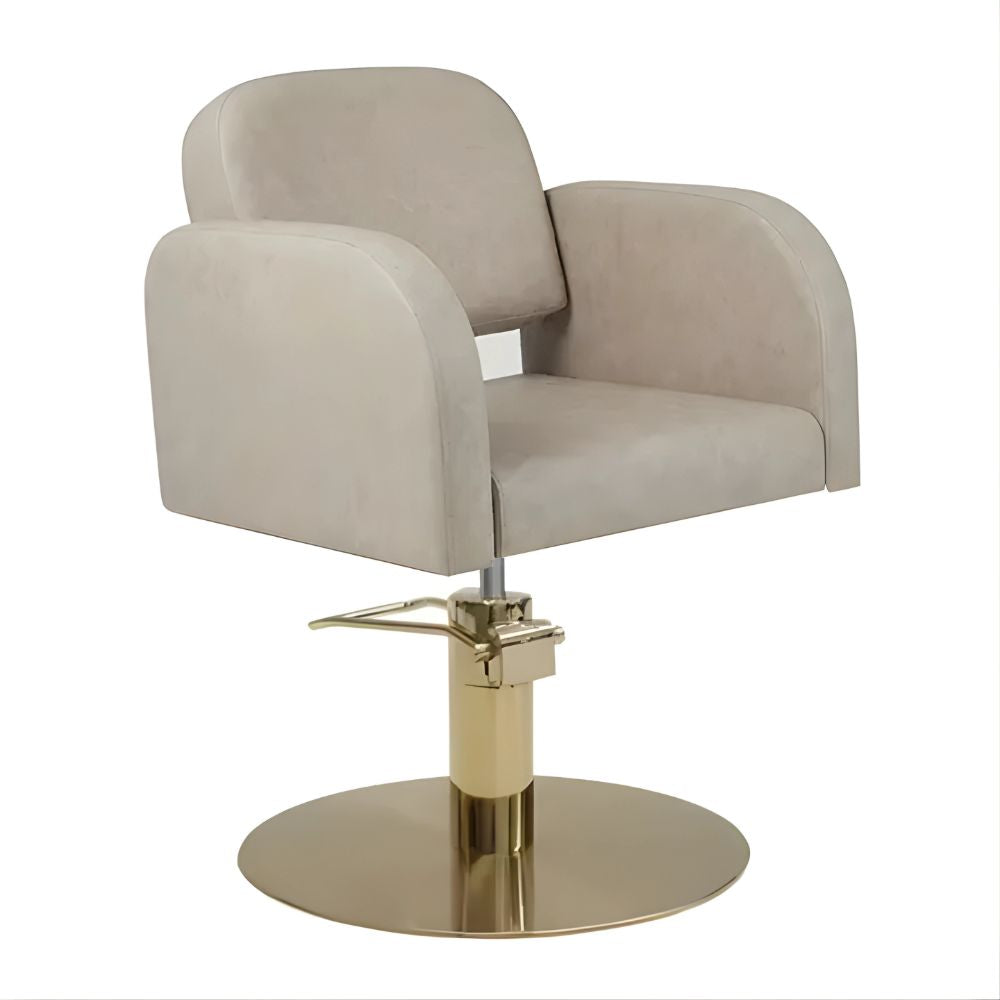 DSSE Amalfi Salon Chair Taupe Round Aluminium Brushed Gold Base Front Side View