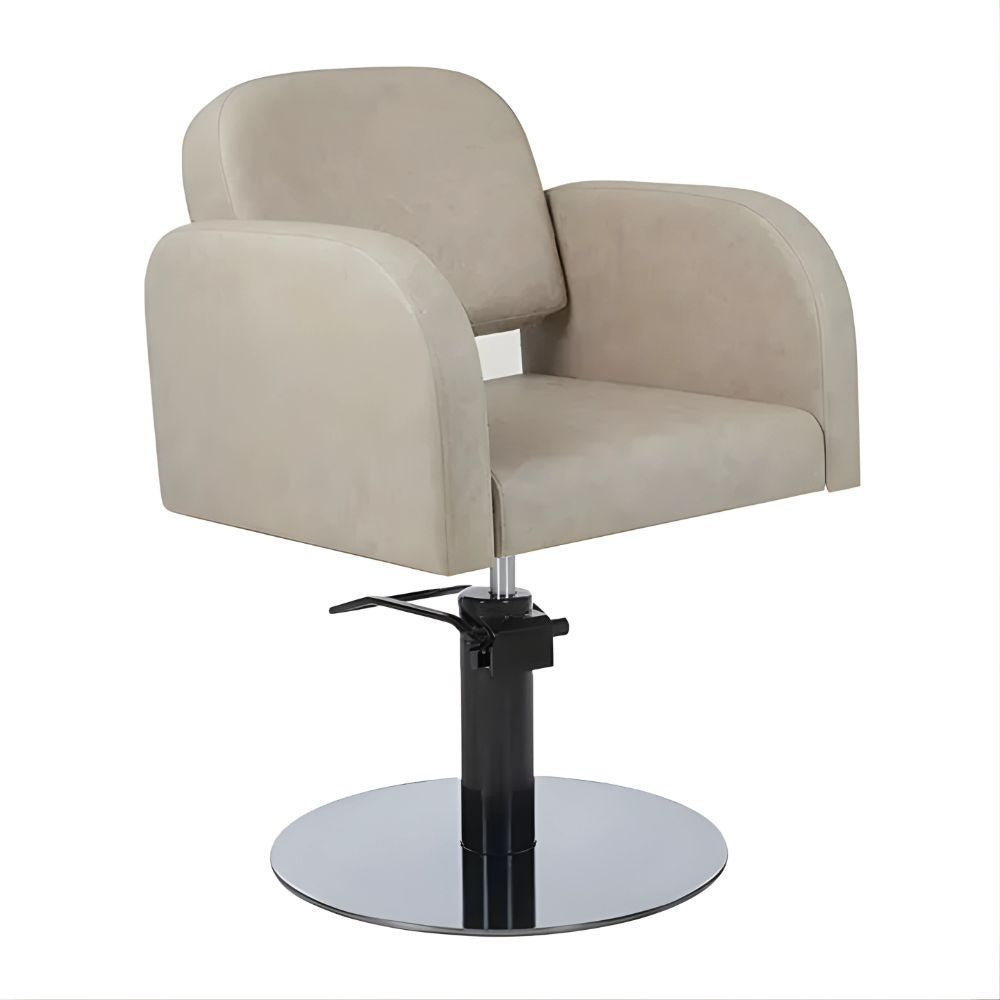 DSSE Amalfi Salon Chair Taupe Round Black Gloss Base Front Side View