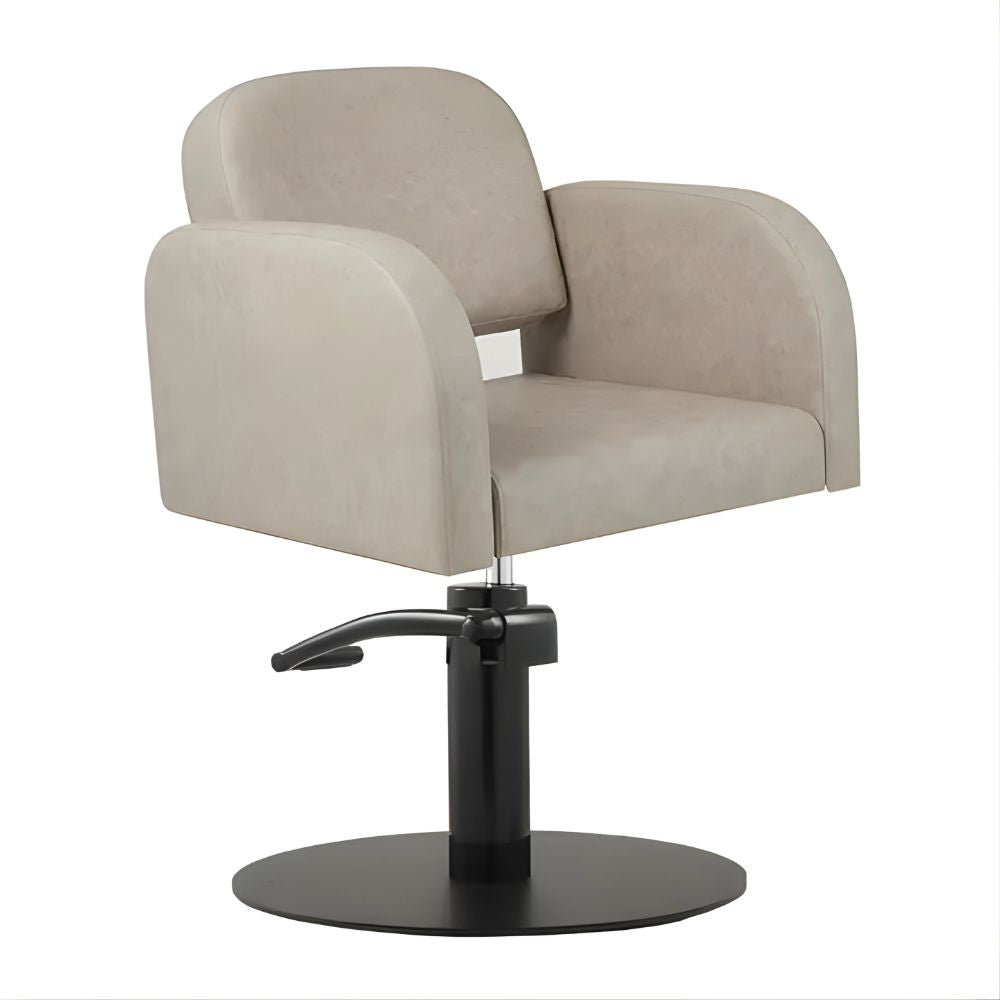 DSSE Amalfi Salon Chair Taupe Round Flat Satin Black Base Front Side View