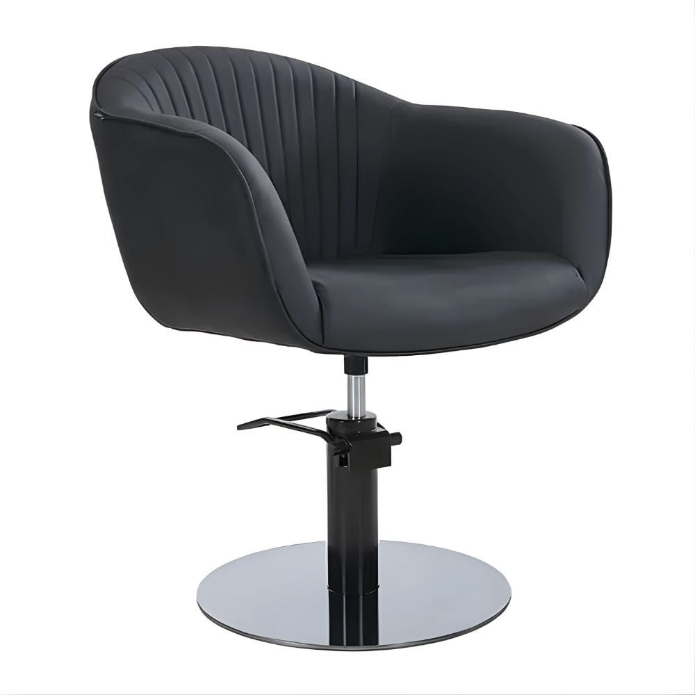DSSE Aria Salon Chair Black Round Black Gloss Base Front Side View