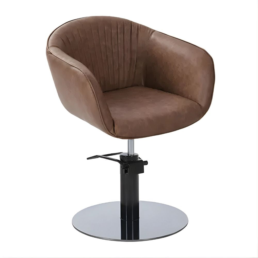 DSSE Aria Salon Chair Mocha Round Black Gloss Base Front Side View