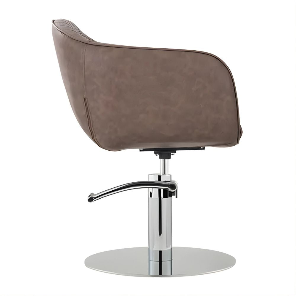 DSSE Aria Salon Chair Mocha Round Chrome Base Side View