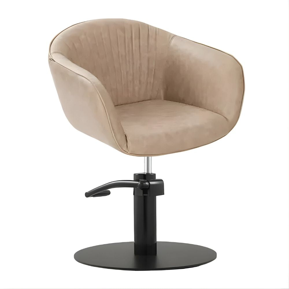 DSSE Aria Salon Chair Taupe Round Flat Satin Black Base Front Side View