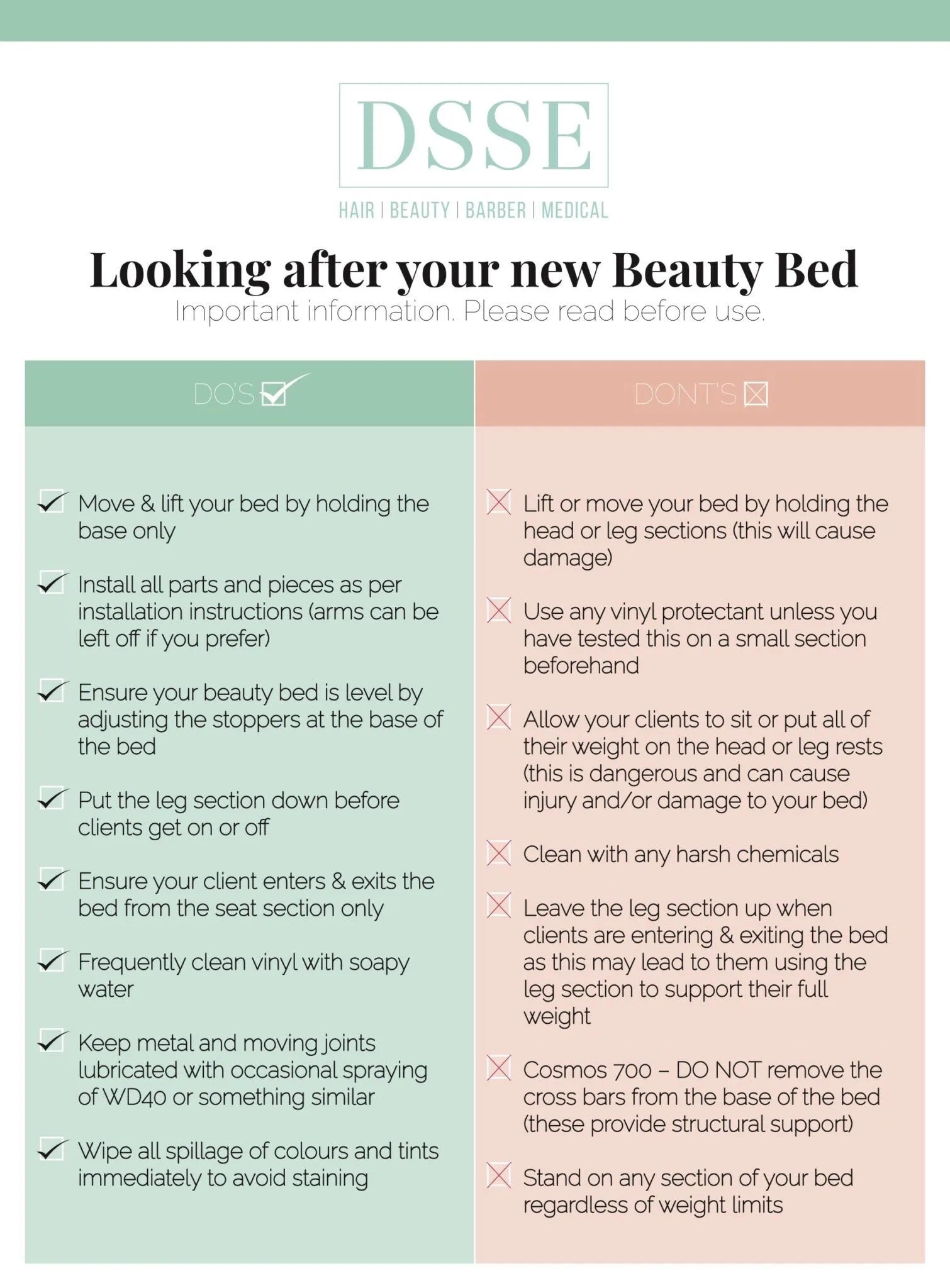 DSSE Beauty And Treatment Bed Care Instructions