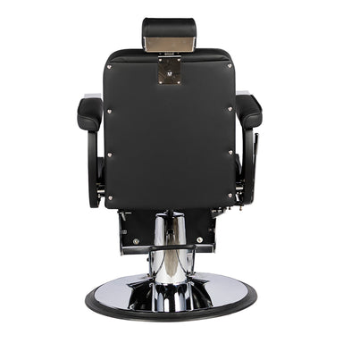 Black barber chair with chrome base on a white background