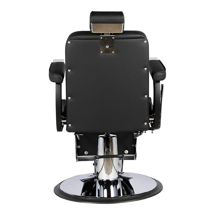 Black barber chair with chrome base on a white background
