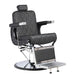 Black barber chair with reclining mechanism on a white background