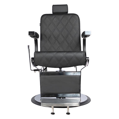 Black barber chair with quilted design on a white background