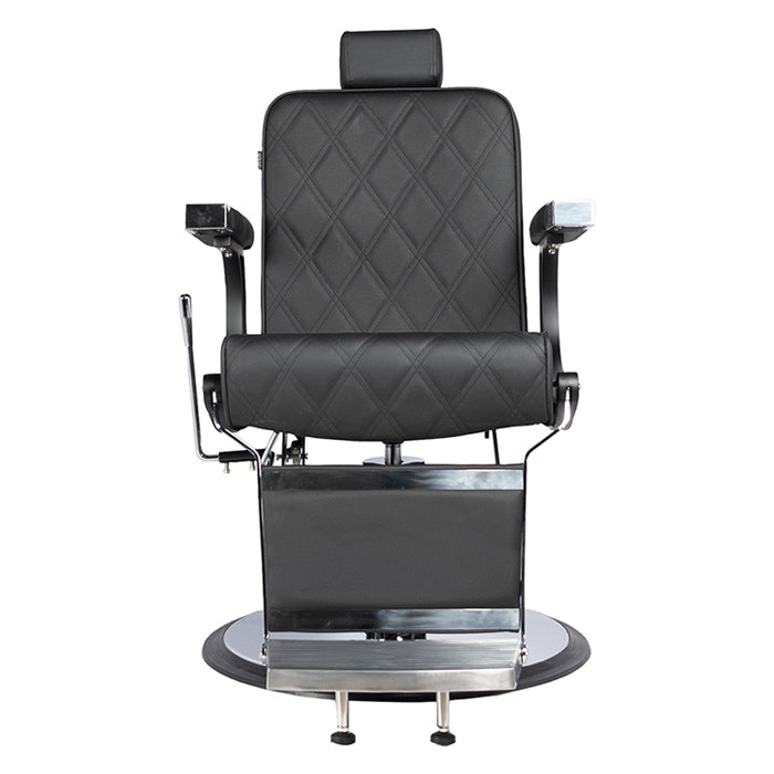 Black barber chair with quilted design on a white background