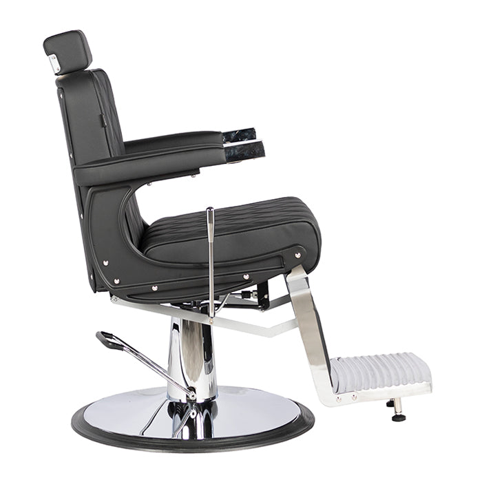 Black barber chair with chrome base on a white background