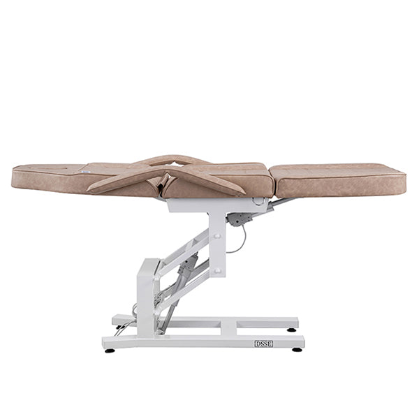DSSE Electric 3 Motor Beauty Bed Taupe Elevated Flat Position Side View