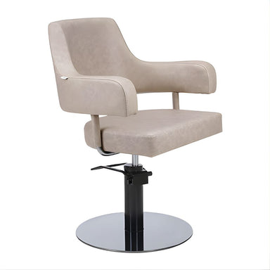 DSSE Lucy Salon Chair Taupe Round Black Gloss Base Front Side View