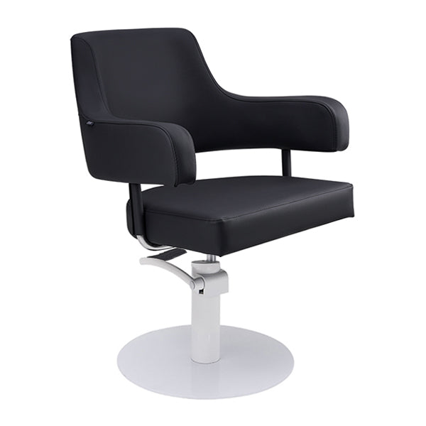 DSSE Lucy Salon Styling Chair Black White Round Base Front Side View