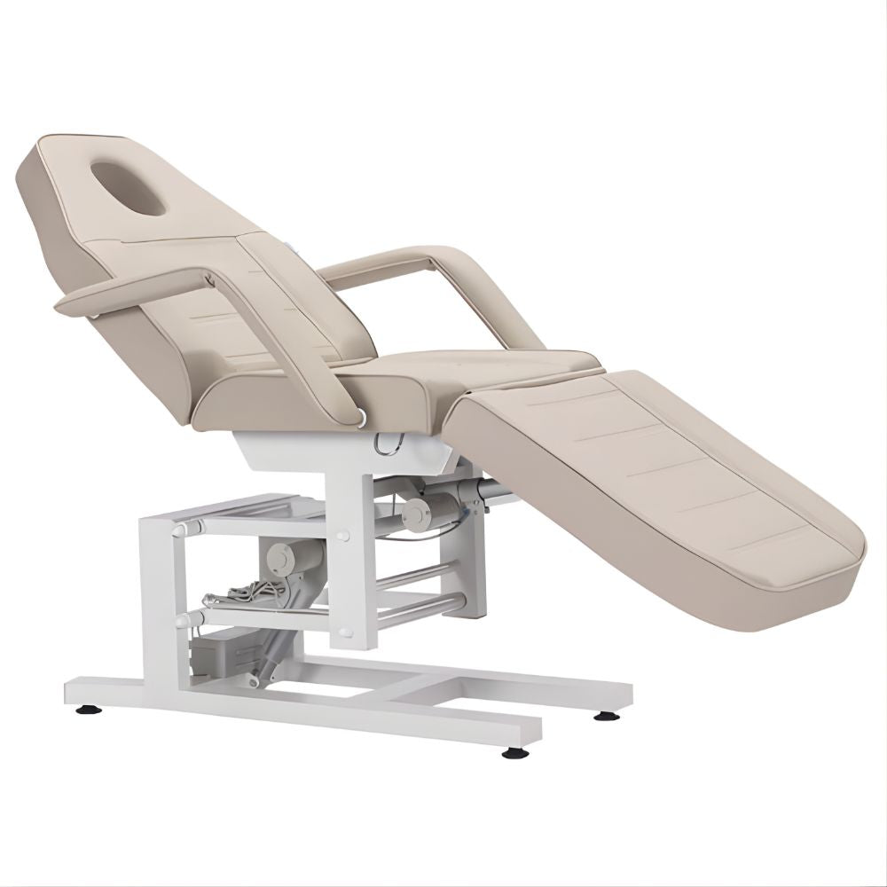 DSSE Tria Electric Beauty Bed Latte Reclined Face Hole Front Side View