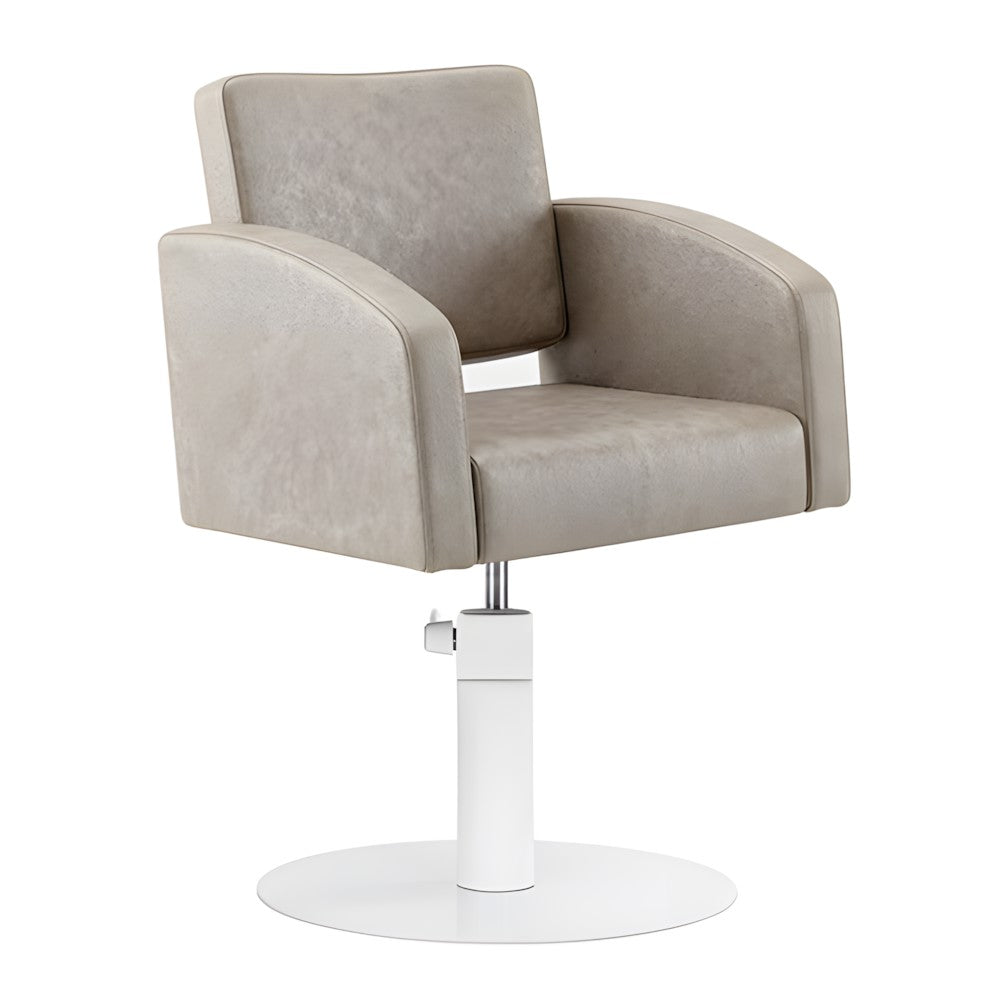 DSSE Zahra Salon Chair Taupe Round White Base Front Side View