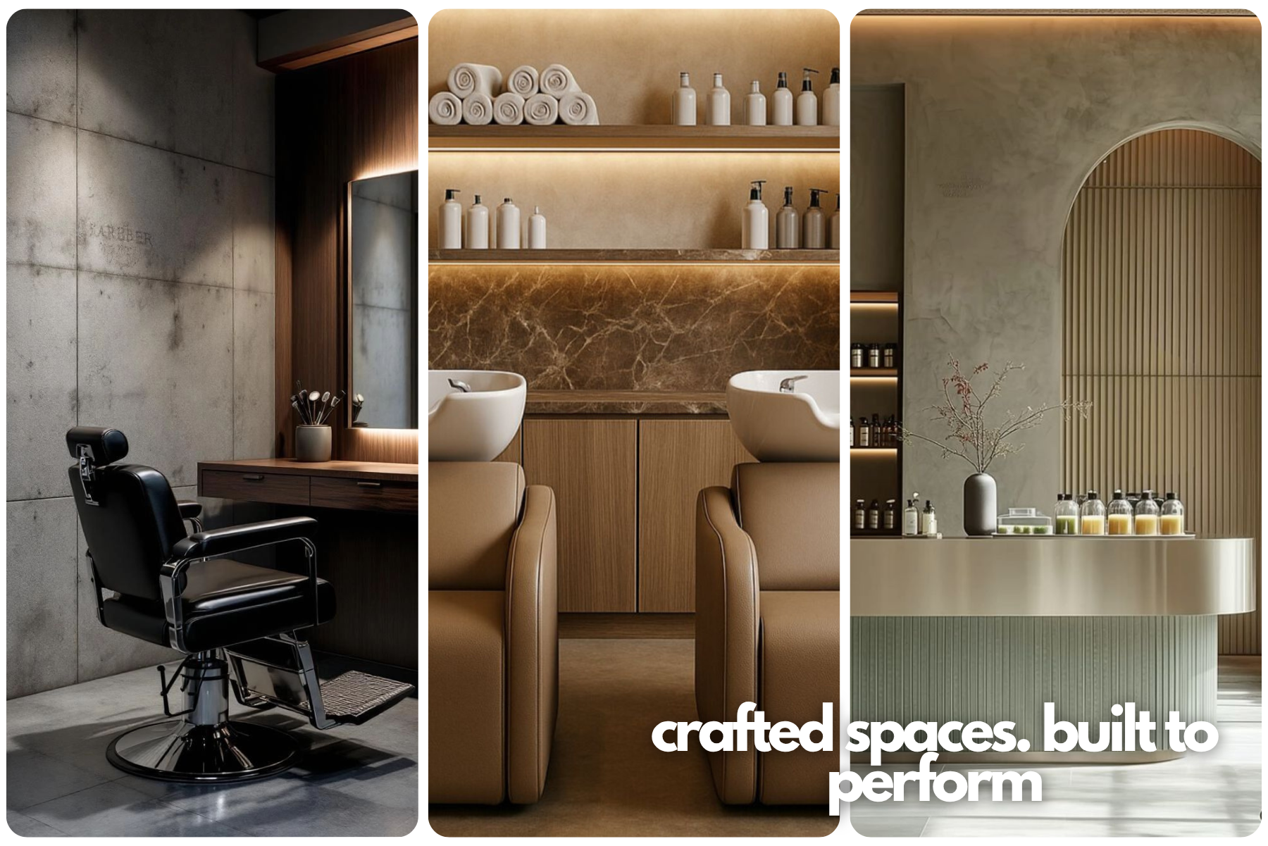 Collage of a modern interior design with a chair, shelves, and a counter.