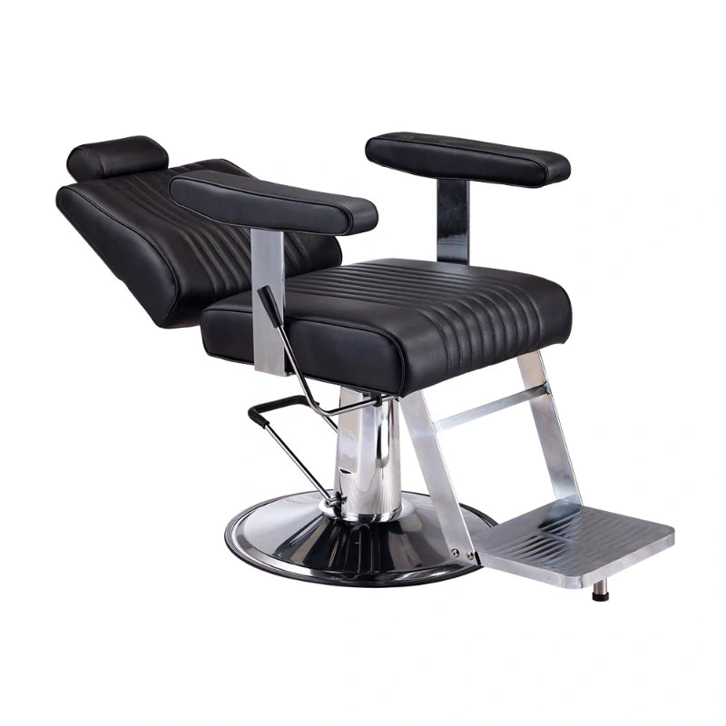 Karma Belmore Barber Chair Black Chrome Reclined Front Side View