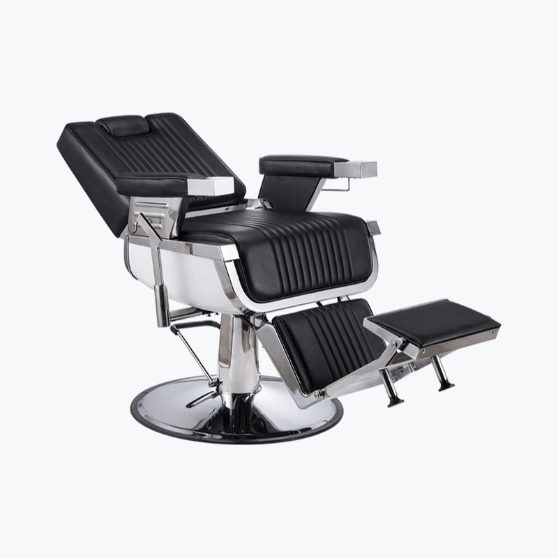 Barber chair with black leather seats and chrome frame on a white background