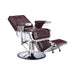 Barber chair with brown leather seats and chrome base on a white background