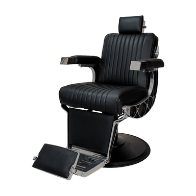 Black barber chair with armrests and footrest on a white background