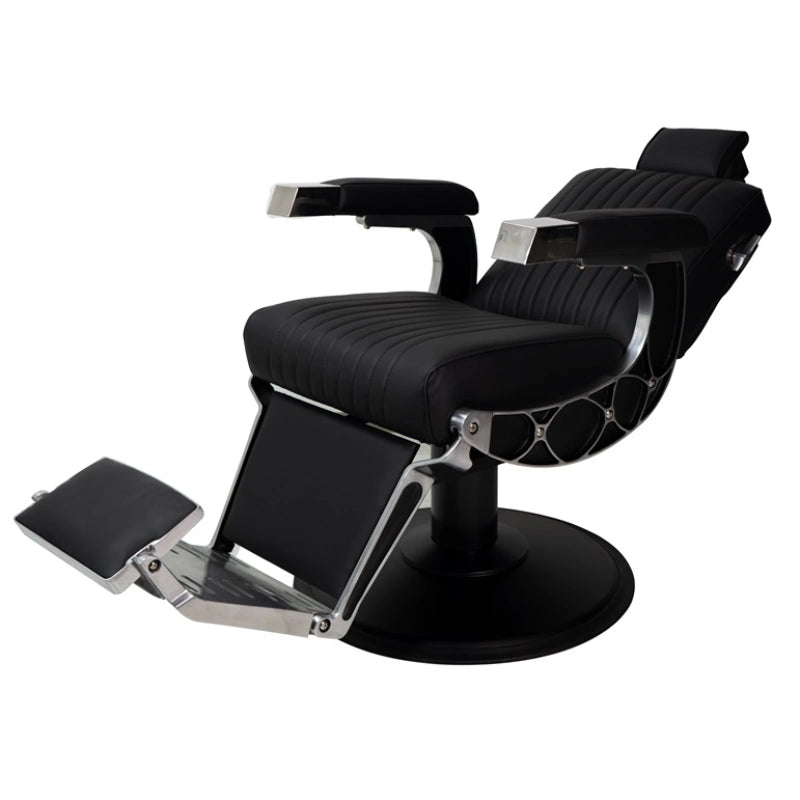 Karma Chandler Barber Chair Black Reclined Front Side View