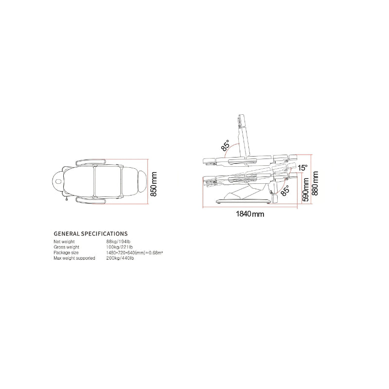 Karma Christchurch Premium Electric Beauty Bed White Dimensions