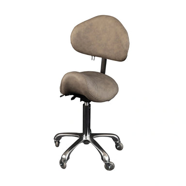 Brown saddle-style office chair with a metal base on a white background