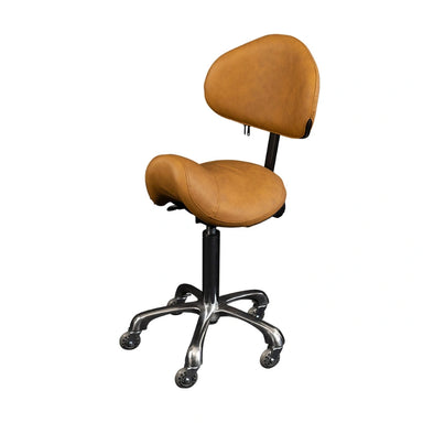 Brown saddle-style chair with wheels on a white background