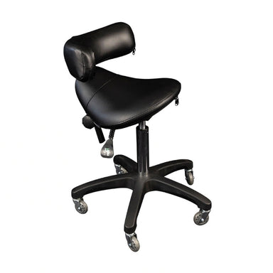 Black adjustable stool with wheels on a white background