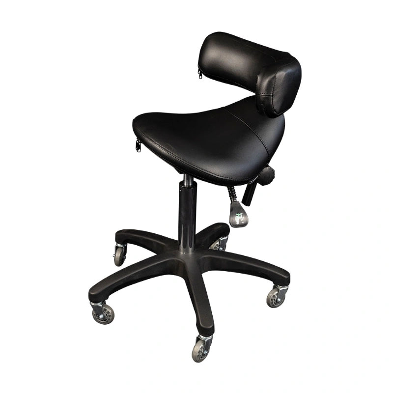 Black adjustable stool with wheels on a white background