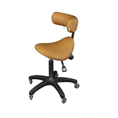 Brown saddle-style chair with black base on a white background