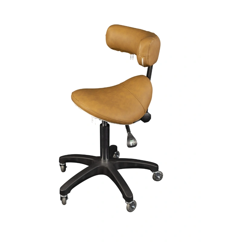 Brown saddle-style chair with black base on a white background