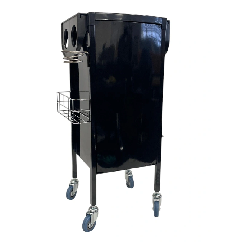 Karma Florina Lockable Salon Trolley Black Retracted Tray Rear Side View