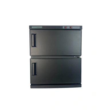 Two-level black refrigerator on a white background