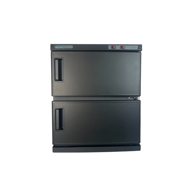 Two-level black refrigerator on a white background