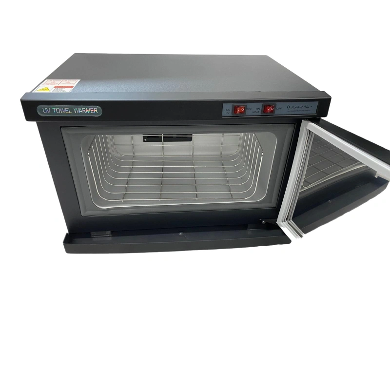 Black UV towel warmer with open door on a white background