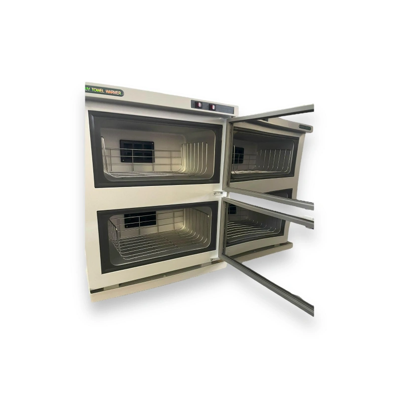 Commercial oven with open doors on a white background