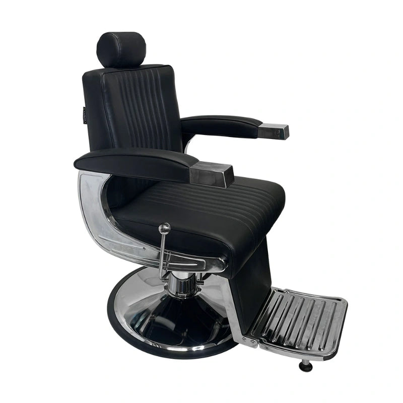 Karma Mt Isa Barber Chair Black Chrome Aerial Front Side View