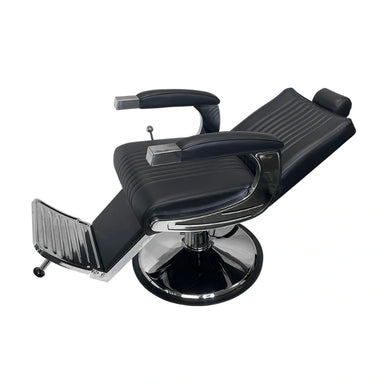 Karma Mt Isa Barber Chair Black Chrome Reclined Side View