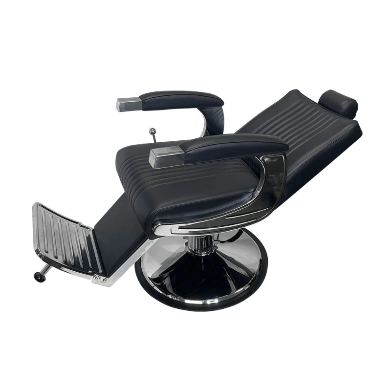 Karma Mt Isa Barber Chair Black Chrome Reclined Side View