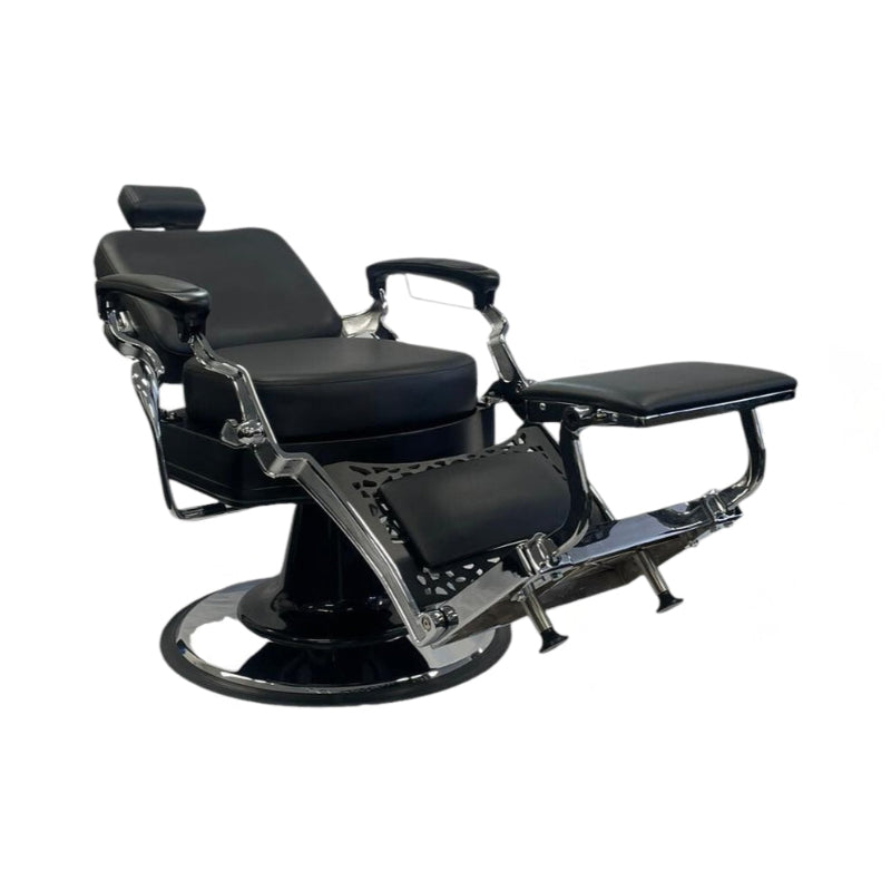Karma Noosa Barber Chair Black Chrome Reclined Front Side View