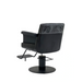 Black salon chair with a patterned headrest on a white background