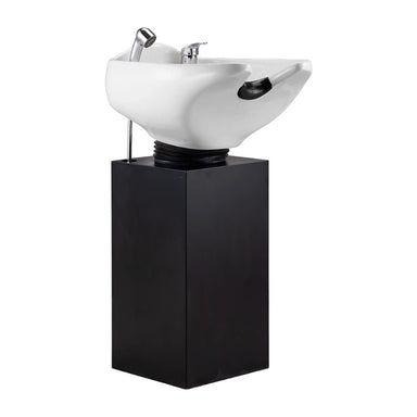 White ceramic basin on a black pedestal stand against a white background