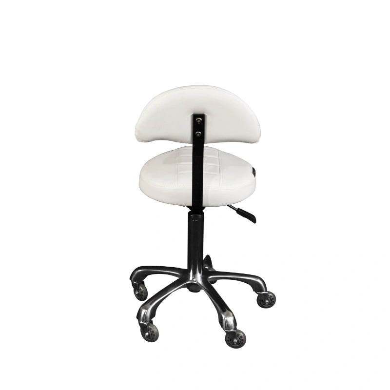 White stool with black metal base on a white background