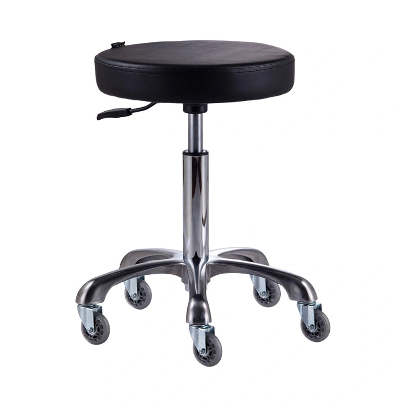 Black swivel stool with a round seat on a white background
