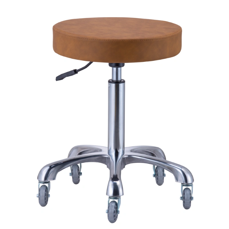 Brown stool with a metal base on wheels against a white background